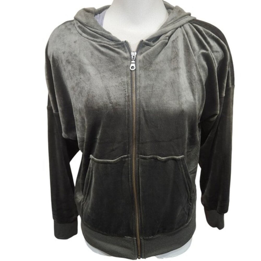 Black Bow Womens Velour Full Zip Hoodie Olive‎ Green Velvet Sweatshirt Size m